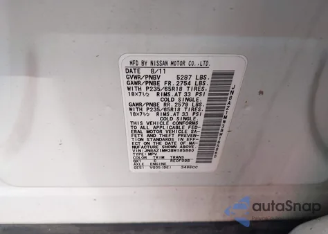 2011 Nissan Murano Sv z USA, uszkodzony, nr VIN JN8AZ1MW3BW185860